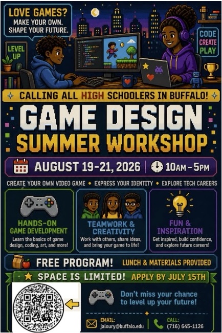 Game Design Summer Workshop flyer with students creating a video game