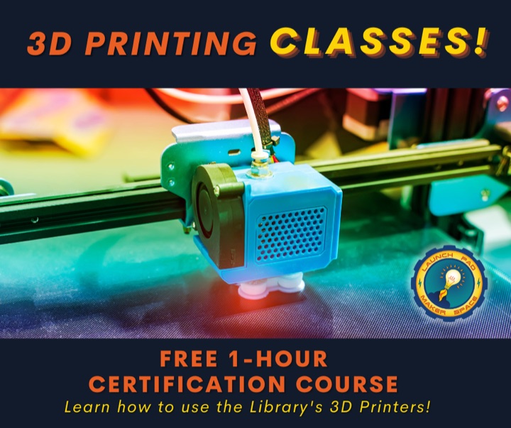 Launch Pad 3D printing certification artwork showing a printer at work