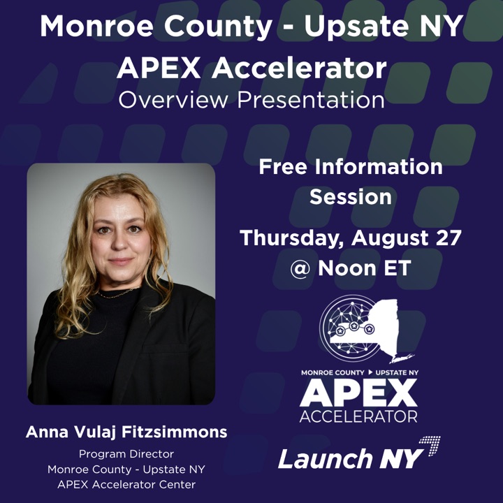 Launch NY APEX Accelerator presentation artwork featuring program director Anna Vulaj Fitzsimmons
