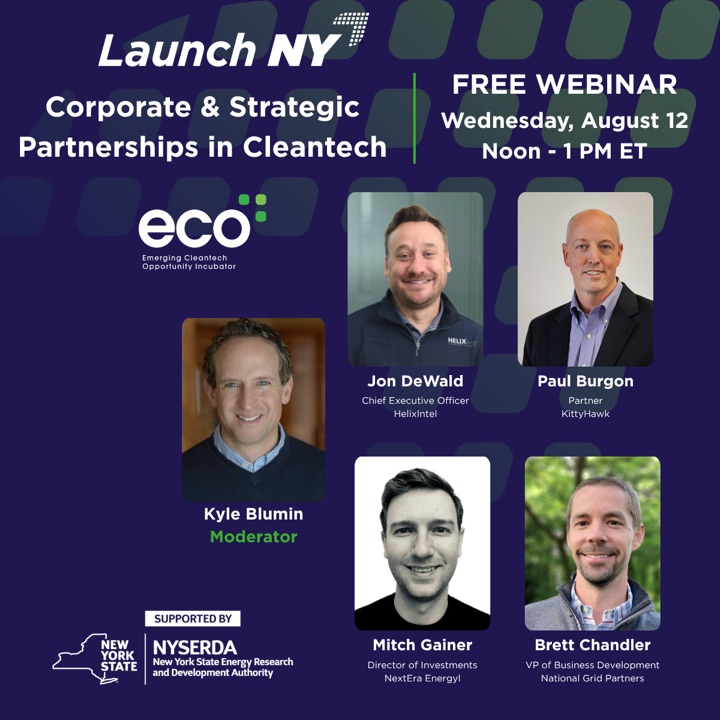 Launch NY cleantech partnerships webinar artwork featuring five speakers