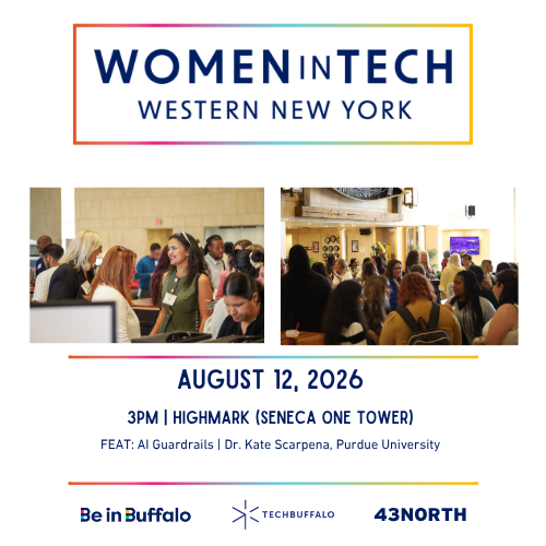 Women in Tech Western New York event flyer showing attendees at Seneca One